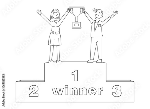 Victory Celebration on Podium with two individuals standing on first and two place, celebrating their victory. They are holding a trophy together, black and white design illustration