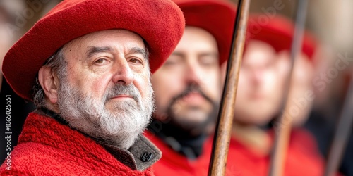 Historical reenactors dressed in red costumes at a festive event. photo