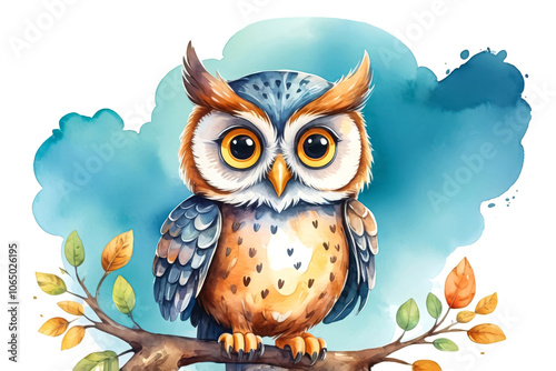 Watercolor cartoon owl on a white background photo