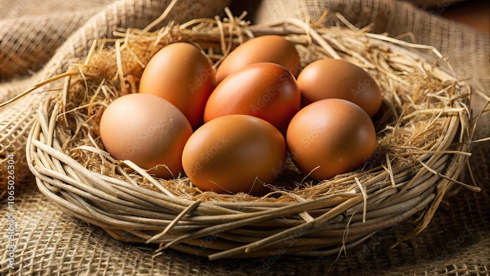 Heap of Chicken eggs in jute nest close up, Easter, spring, eco food, natural, farm, rustic, organic, fresh, breakfast Heap of Chicken eggs in jute nest close up, Easter, spring, eco food, natural, farm, rustic, organic, fresh, breakfast