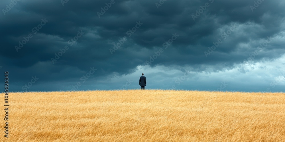 Fototapeta premium Lonely figure standing in a vast golden field under dramatic stormy clouds.