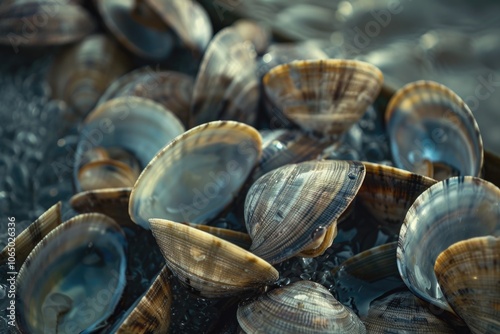 A group of clams perched on top of a rocky surface photo