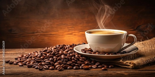 of a cup of coffee with coffee beans on a brown background, coffee, beans, brown, background,, cup, drink, aroma