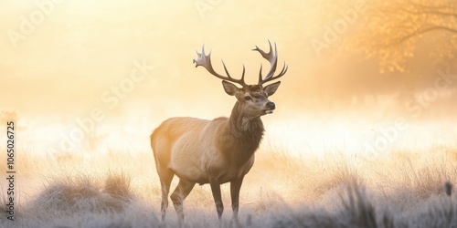 Majestic stag standing in misty field during sunrise, enchanting nature scene.