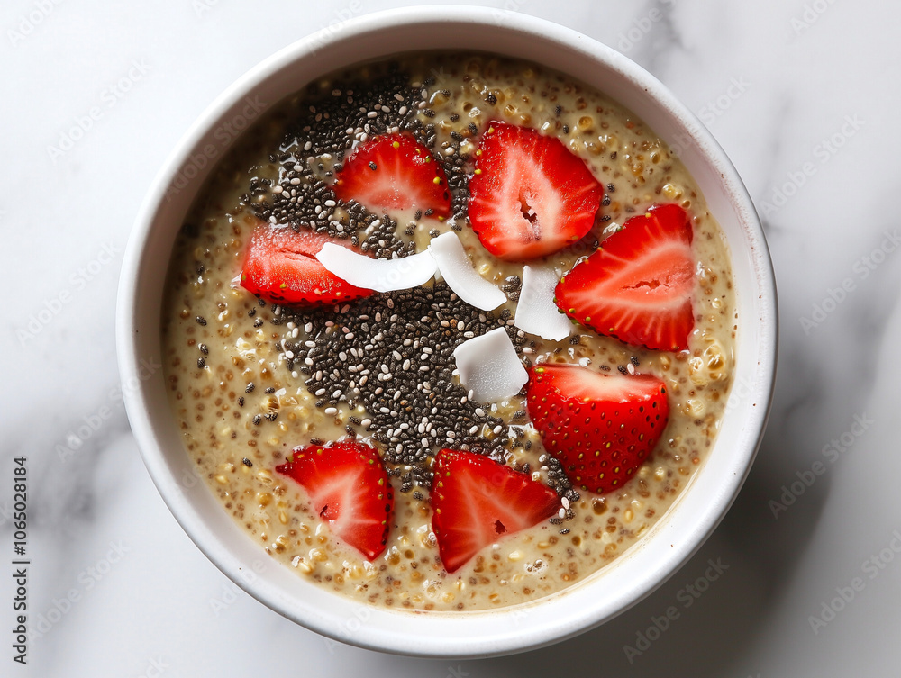 Fototapeta premium Healthy Amaranth Porridge Topped with Fresh Fruits and Nuts, High-Protein Gluten-Free Superfood in a White Bowl on Marble Background
