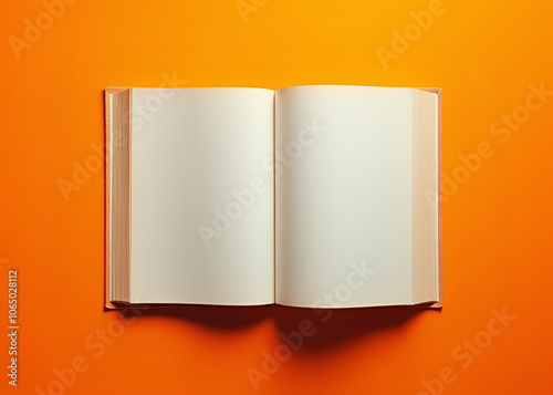 A worn book lies open on a vibrant orange surface with ample room for text overlays in a panoramic composition photo