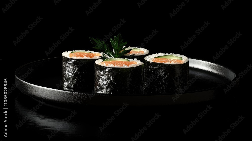 Fresh Uramaki Rolls on a Black Plate Fresh Uramaki Rolls on a Black Plate