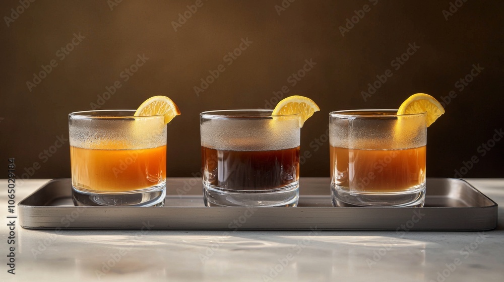 Coffee flight with varying depths and simple citrus garnish Coffee flight with varying depths and simple citrus garnish