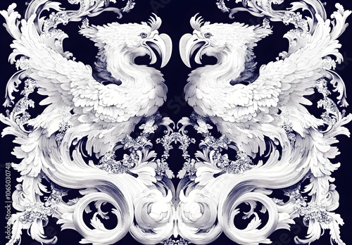 White Baroque Ornate Design on Dark Blue Background