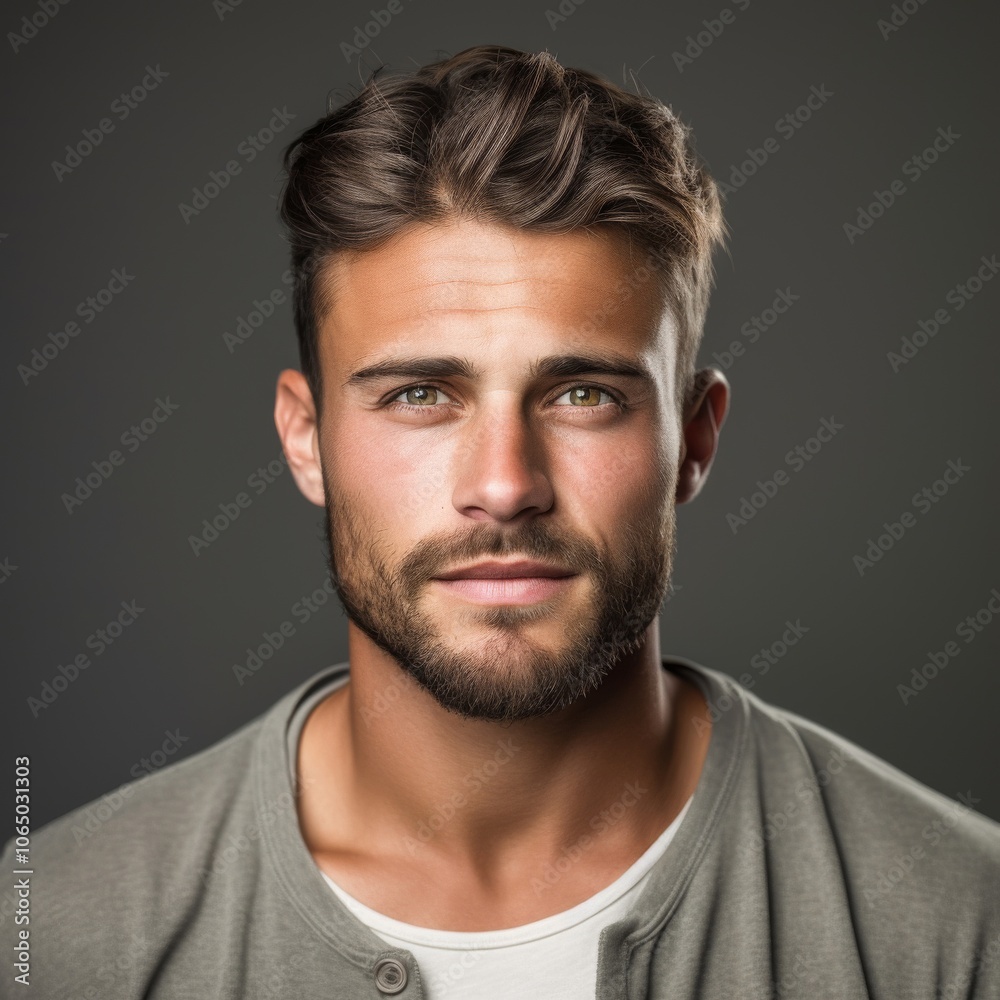 Fototapeta premium Determined Man with Engaging Expression Set Against a Lively Studio Backdrop