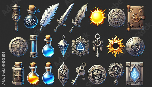 Fantasy Magic Icons Featuring Sun Potions Swords and Shields