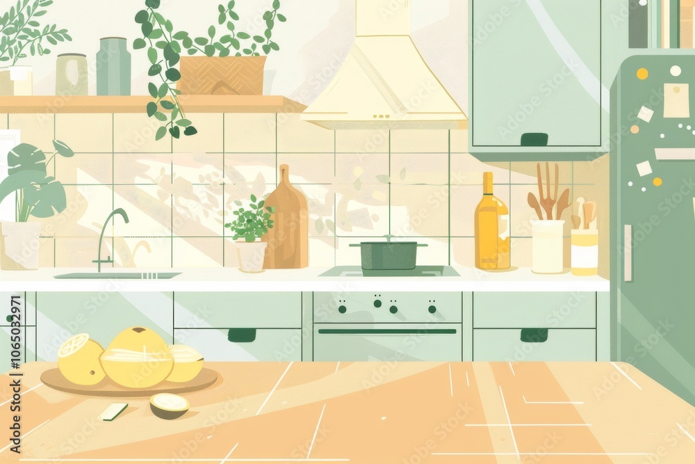 Fototapeta premium Modern kitchen with citrus and herb décor in pastel tones