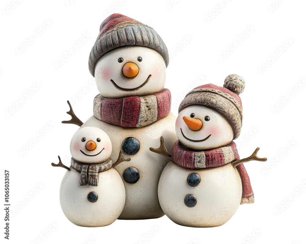 Cheerful snowmen family with hats and scarves, perfect for winter decor Cheerful snowmen family with hats and scarves, perfect for winter decor