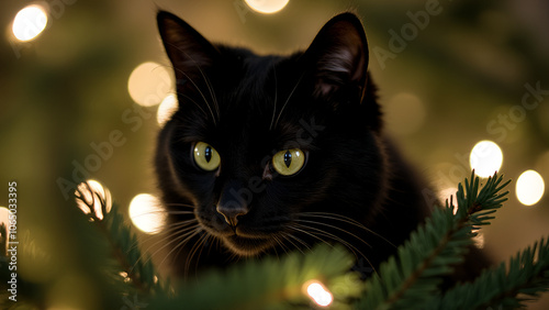 A sleek black cat is discreetly concealed among the branches of a decorated Christmas tree photo