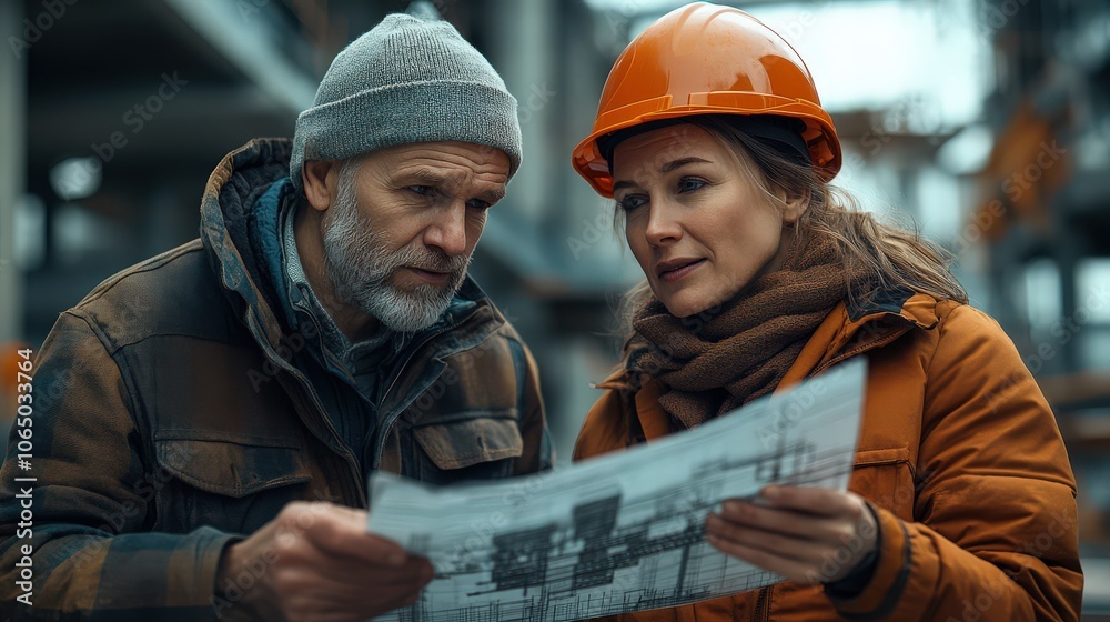 Two construction professionals reviewing blueprints on-site in cold weather, showcasing teamwork, planning, and dedication in construction and development projects. Two construction professionals reviewing blueprints on-site in cold weather, showcasing teamwork, planning, and dedication in construction and development projects.