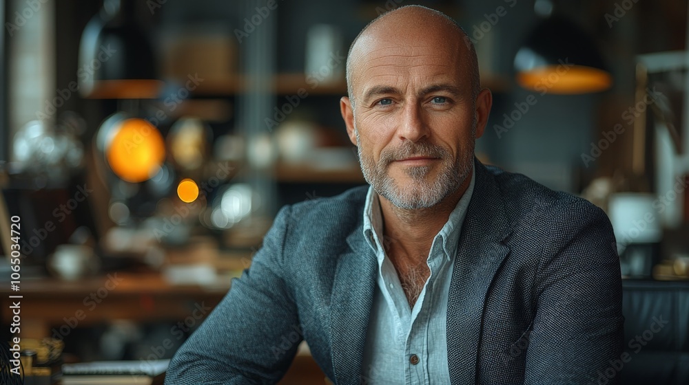 Fototapeta premium a bald european businessman in a suit sitting in his office