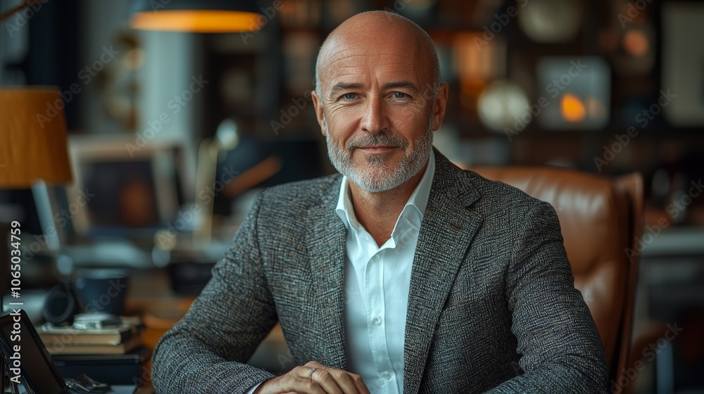 Fototapeta premium a bald european businessman in a suit sitting in his office