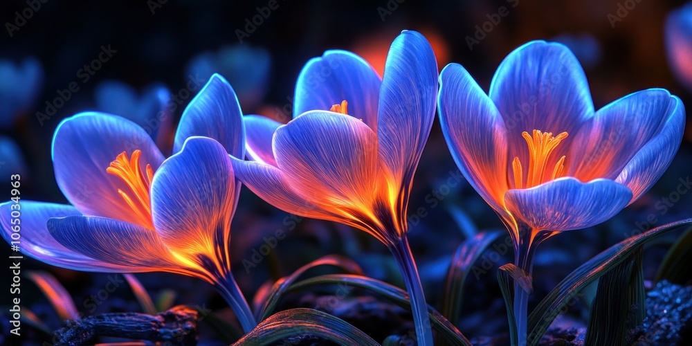 Obraz premium Three Glowing Blue Crocuses with Orange Centers