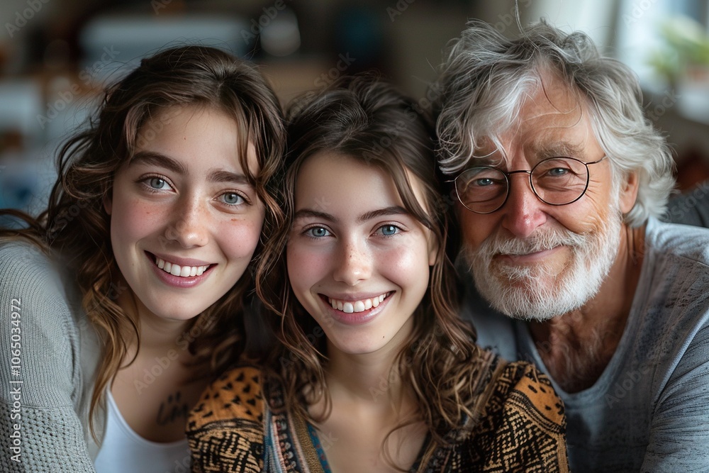 A joyful family portrait featuring two young women and an elderly man smiling together. A joyful family portrait featuring two young women and an elderly man smiling together.