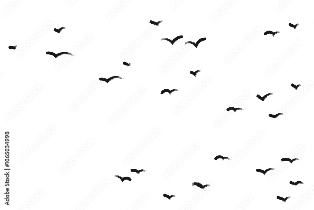Fototapeta premium Birds flying in the sky grunge brush silhouettes. Ink grunge flock of birds drawn with markers and crayons set
