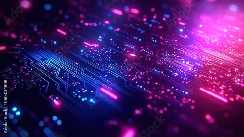 Abstract Circuit Board with Glowing Pink and Blue Lines