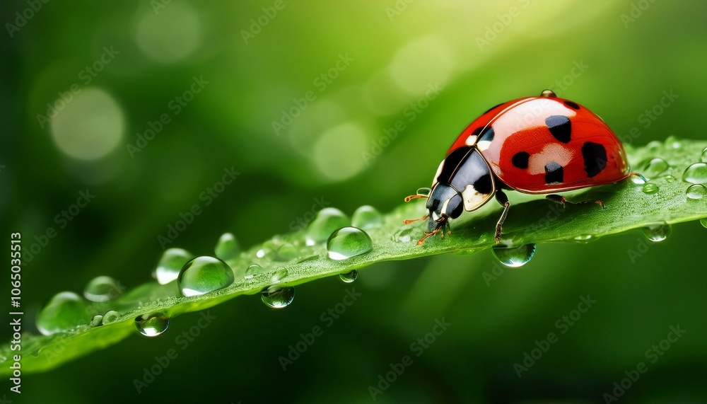 Close-up of dew-covered ladybug on a green leaf, natural lighting, intricate details of wings and droplets, vibrant greens Close-up of dew-covered ladybug on a green leaf, natural lighting, intricate details of wings and droplets, vibrant greens