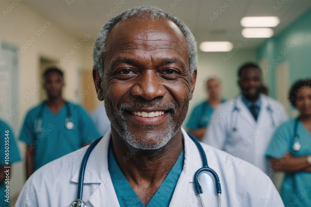Close portrait of a smiling senior Angolan man doctor looking at the camera, Angolan hospital blurred background Close portrait of a smiling senior Angolan man doctor looking at the camera, Angolan hospital blurred background