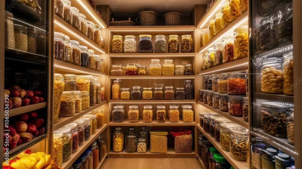 Obraz premium Well-organized pantry with shelves of glass jars containing various dry goods, illuminated by soft lighting, emphasizing order and storage.