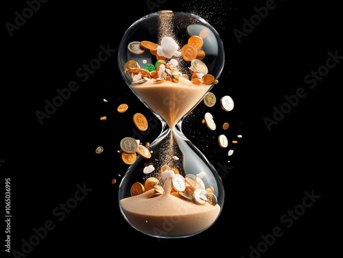 An hourglass filled with sand and colorful particles, symbolizing the passage of time and the beauty of transient moments. photo