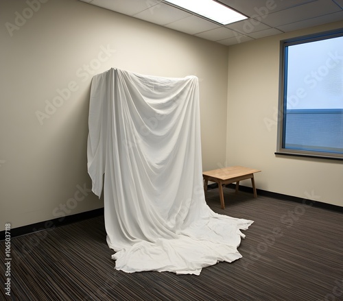 White sheet covering a piece of furniture in an empty office room