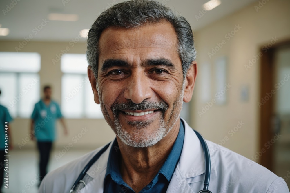 Close portrait of a smiling senior Bahraini man doctor looking at the camera, Bahraini hospital blurred background Close portrait of a smiling senior Bahraini man doctor looking at the camera, Bahraini hospital blurred background