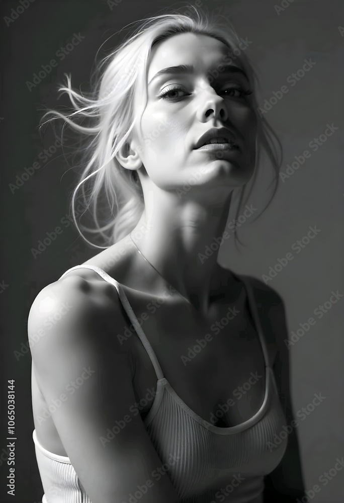 Naklejka premium Black and white portrait of a young, fair-skinned woman with long, wavy blonde hair. She has a serious and pensive expression on her face and appears to be in her mid to late 20s.