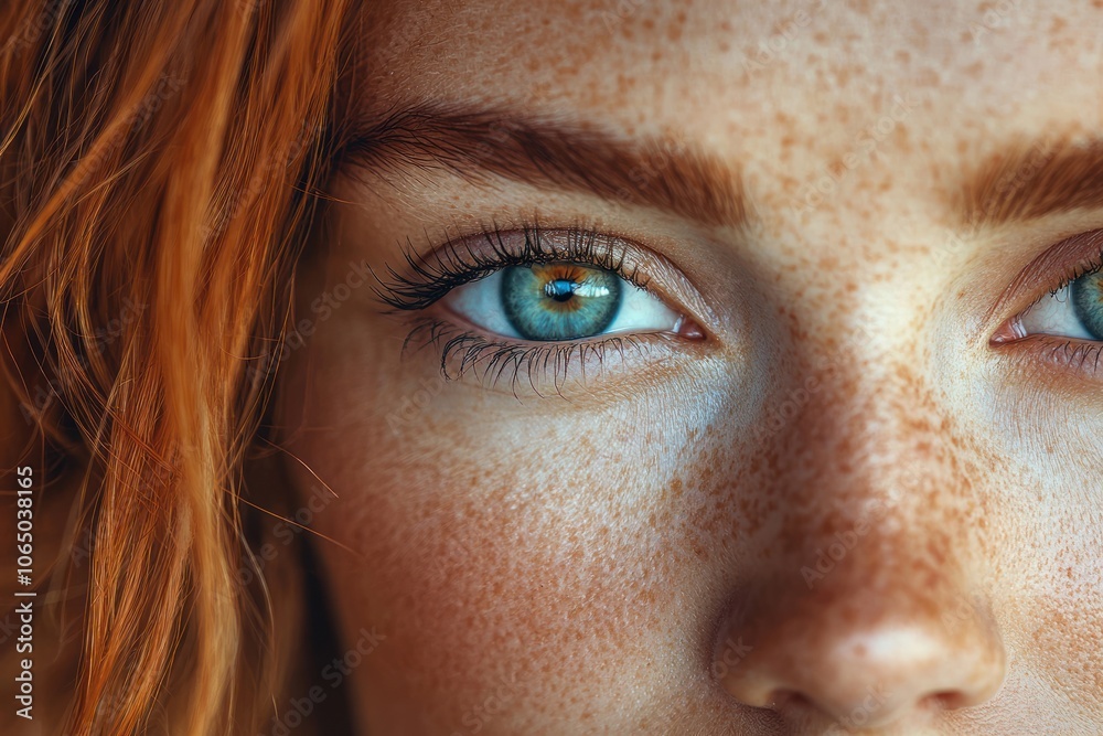 Fototapeta premium Close-up of a Woman's Freckled Face with Blue Eyes and Red Hair