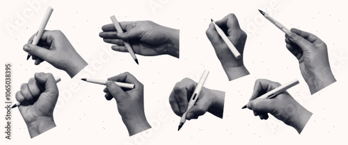 Set of hands with a pencil and a pen. Fashionable halftone style for collages. Vector.