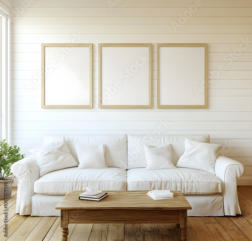 Modern Living Room with White Sofa, Coffee Table, and Empty Picture Frames