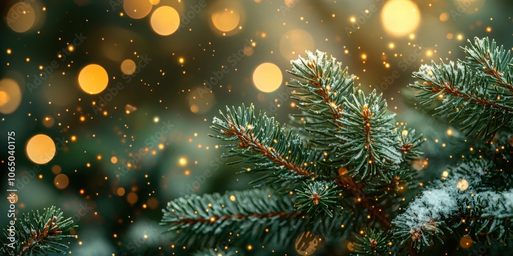 Close-up of a Snow-Covered Pine Branch with Golden Bokeh Lights Close-up of a Snow-Covered Pine Branch with Golden Bokeh Lights