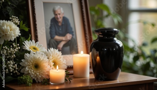 Memorial display with urn, candles, and portrait honoring a loved one in a serene setting