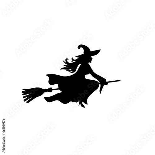 Silhouette witch flying on broomstick