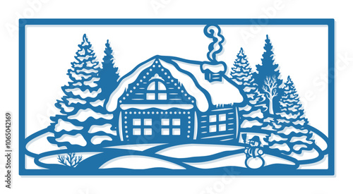New Year's rectangular picture. Small house in the forest, spruce trees, snowman, snowdrifts. A chimney on roof, smoke is coming out. Cozy, sweet Christmas atmosphere. Template for plotter laser cut.