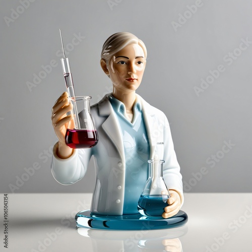 Glass sculpture of a professional laboratory technician in white coat, focused on precise measurements with beaker and pipette, showcasing dedication, generative ai photo