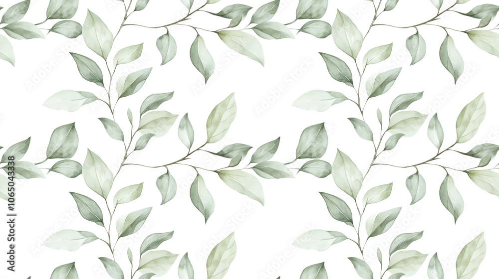 Fototapeta premium Seamless watercolor pattern featuring two green branches with delicate leaves ideal for textile and wallpaper design