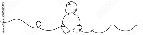 Minimalist continuous line drawing representing a baby sitting and playing. Ideal for childcare, parenting, and early childhood development themes