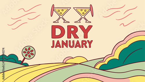 Dry january celebration banner with colorful abstract landscape background