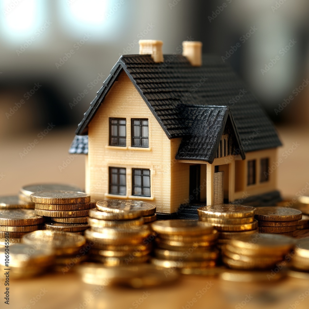 House Model Sitting On Stack of Coins Home Ownership Concept House Model Sitting On Stack of Coins Home Ownership Concept