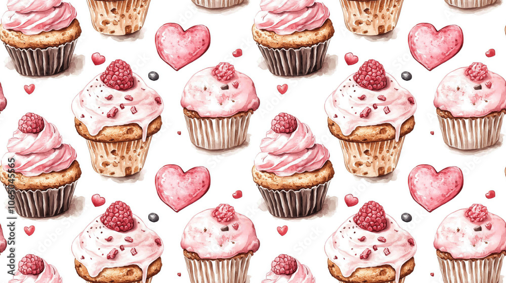 Hand painted watercolor seamless pattern featuring ice cream cake and cookies for Valentine s Day ideal for wedding invitations and greeting cards