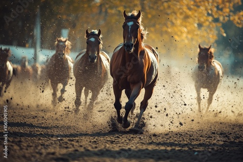 A dynamic scene of several horses galloping in golden evening light, with dust swirling around them as they run together, evoking a sense of freedom and unity.