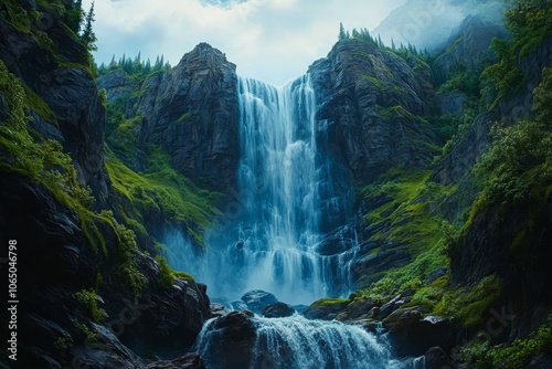 Majestic waterfall cascading down a rocky cliff surrounded by lush greenery. Generative AI