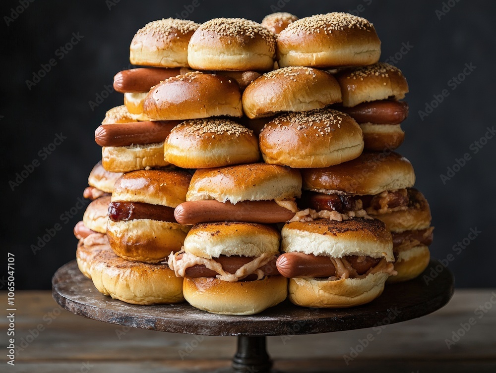 A Stack of Hot Dog Buns Arranged in a Creative and Artistic Manner, Displaying a Visual Feast for the Eyes A Stack of Hot Dog Buns Arranged in a Creative and Artistic Manner, Displaying a Visual Feast for the Eyes