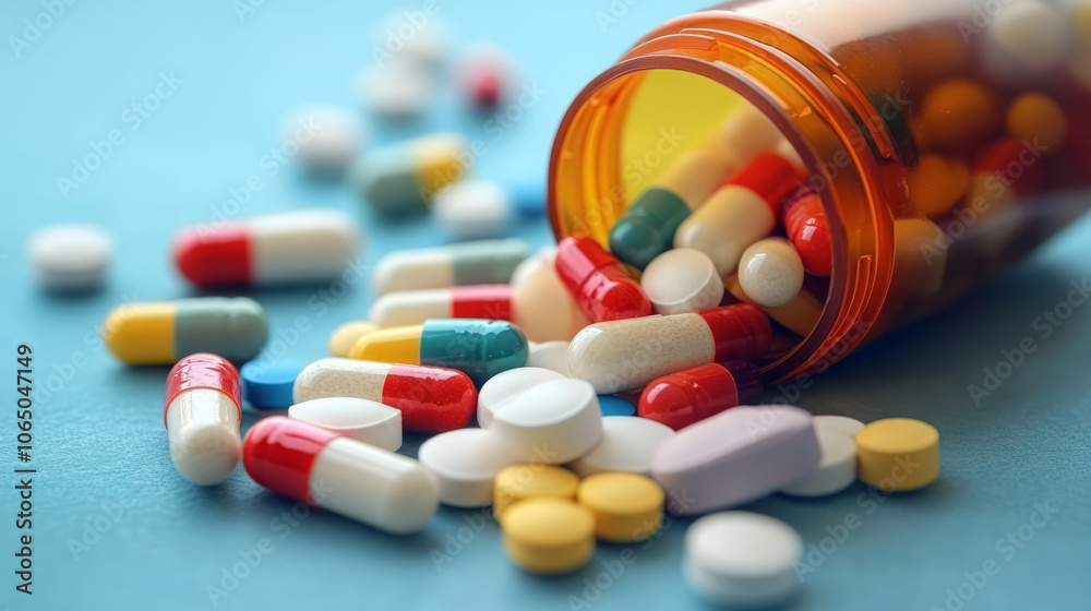 Capsules and pills poured out of a medicine bottle, medical theme concept Capsules and pills poured out of a medicine bottle, medical theme concept
