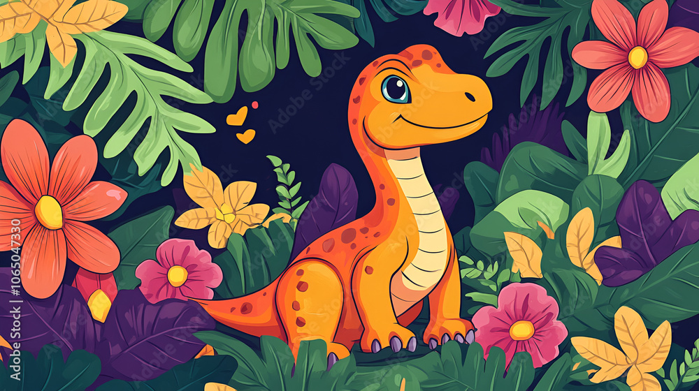 Obraz premium cartoon scene with happy dinosaur in the jungle - illustration for children , Cute adorable baby dinosaur, fantasy style of children , baby dragon illustration 